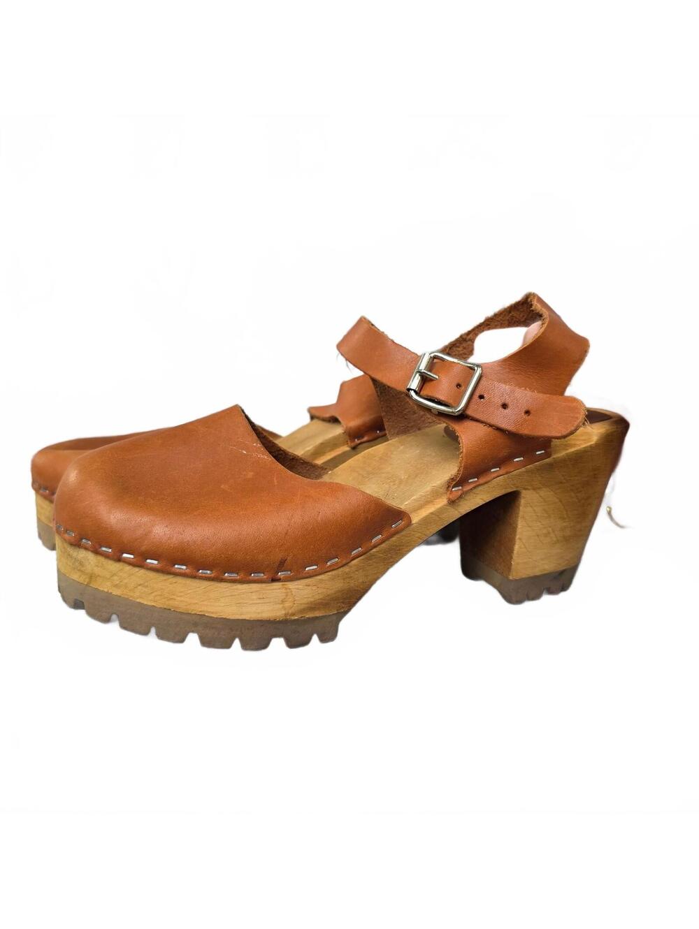 Size 39/Wmn's 8.5/9 - MIA Brown leather wooden clog heels